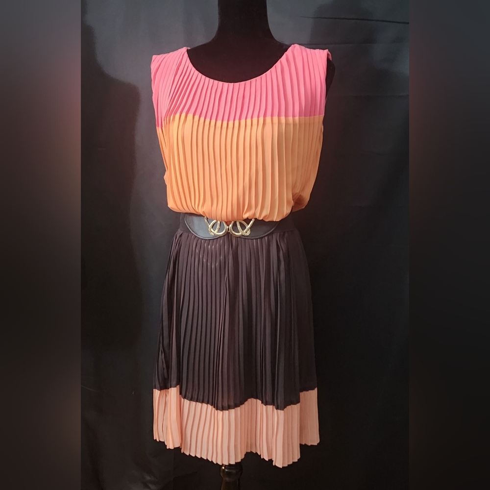 Sophia Christina Colorblock Pleated Dress in Pink/Coral Size 18